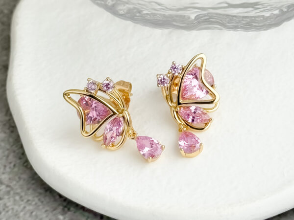pozłacane kolczyki różowe motyle - Pink Papillon